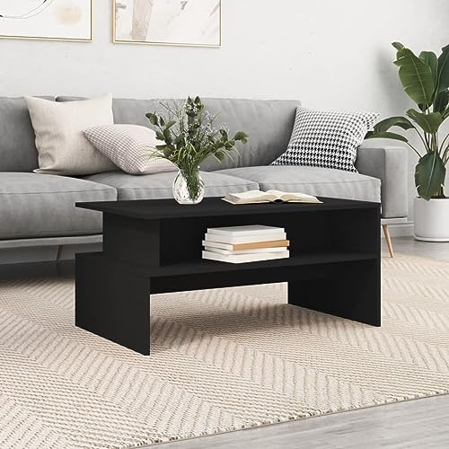 QUAHEAS Eleganter Couchtisch Schwarz 90x55x42,5 cm, aus robustem Holzwerkstoff, mit Stauraum, ideal als Wohnzimmertisch und Beistelltisch für Getränke, Snacks