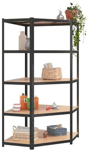 Tomostar Eckregal, Schwerlastregal, Garagenregal, aus Metall, Aufbewahrungsschrank, Werkstatt, Keller, 5 Ebenen, grau, Stahl und Holz, 90 x 90 x 180 cm