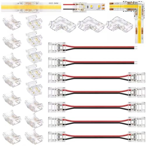 CoKeeSun 25 Stk LED Verbinder 2 Polig 8mm,für COB/FCOB/SMD Streifen,Lötfrei | 15 x Transparente Eckverbinder, 3 x L-Form Schnellverbinder, 5 x Dual-End Verlängerungsdrähte,2 x Single-End Verbindungskabel