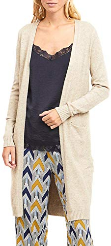 VILA CLOTHES Damen VIRIL L/S LONG KNIT CARDIGAN-NOOS Strickjacke,, per pack Beige (Natural Melange Natural Melange), 36 (Herstellergröße: S)