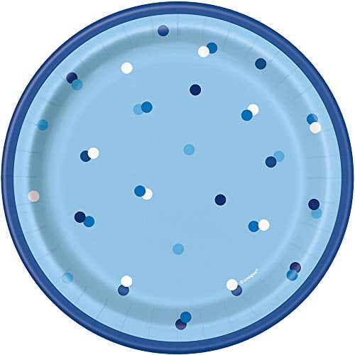 Unique 83594 Blue Polka Dots Round Dinner Plates, 7 Disposable | 8 Pcs, Happy Birthday