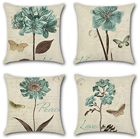 Artscope 4er-Set Dekorativ Kissenbezug 45 x 45 cm, Polyester Leinen Kissenbezüge Dekokissen Kissenhülle Set Kissen Fall für Sofa Auto Schlafzimmer Zuhause Dekor (Retro Blume mit Schmetterling)