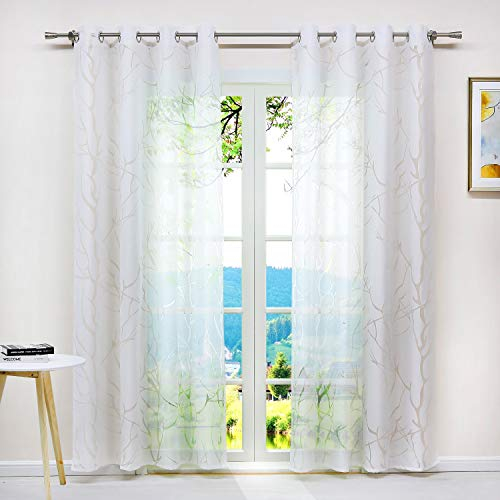 ESLIR Gardinen mit Ösen Vorhänge Ausbrenner Weiß Ösenschal Transparent Fensterschal Zweige Design BxH BxH 140x225cm1 Stück
