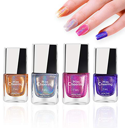 Gireatick 4 Bottles Holographic Nail Polish, Diamond Laser Glitter Long Lasting Nail Polish 7ML Each Bottle (A)
