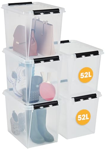 SmartStore Aufbewahrungsboxen mit Deckel, groß, 52 l, transparent, 5er-Pack, verstärkt, 10 Jahre Garantie, lebensmittelecht, mit Clipverschluss, stapelbar, BPA-freier Kunststoff, 50 x 39 x 41 cm