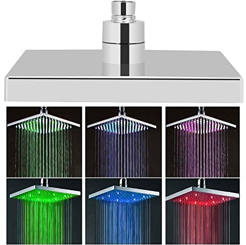 8 Inch LED Shower Head, Changing Romantic Colorful Light, Low Flow Water Saving, Square Chrome Face Rainfall, for Home Hotel Villa, Water Power Shower Head, Fixed Shower Head
