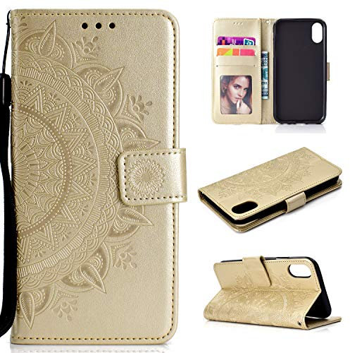 EYZUTAK Case for iPhone 7/8/SE 2020/SE(5G)2022, Premium Leather Flip Wallet Case with Card Slots Holder Kickstand Hand Strap Mandala Half Flower Embossed Shockproof Cover - Gold