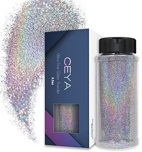 Ceya Poudre de paillettes ultra fines de 0,2 mm pour slime, résine époxy, gobelet, bijoux, nail art, festival, maquillage, peinture, cartes de mariage - Argenté laser - 100 g
