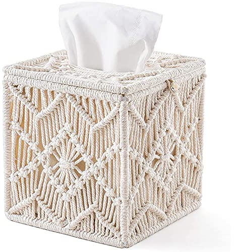 FXNFXLA Quadratische Taschentuchbox, Boho-Dekor, Quadratischer Papiertaschentuchhalter Mit Perlenschnalle, Makramee, Servietten-Taschentuch-Organizer, Heimdekoration