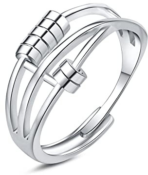 Hasnsofie Anxiety Ring Silber Damen, 925 Sterling Silber Angst Ringe, Unisex Offen Einstellbar Angst Spinning Ringe, Verstellbar Fidget Spinner Ring Anti Stress Ringe Stimmungsring Dekompressionsring