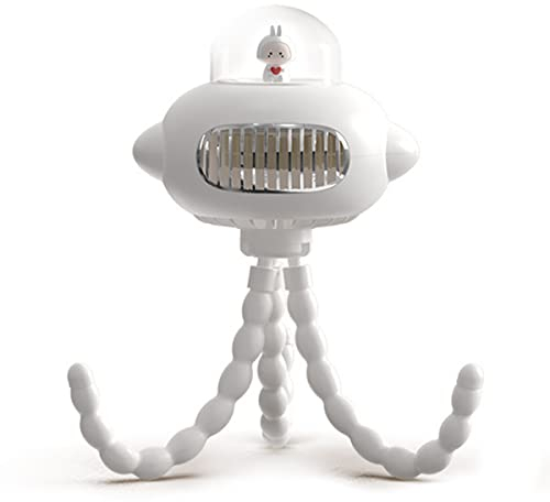 Mini Blattloser Ventilator für Kinderwagen, Tragbarer Tischventilator Octopus Wiederaufladbarer USB Handventilator Leise Persönlicher Clip-On Lüfter mit Nachtlicht für Baby Student Geschenk White