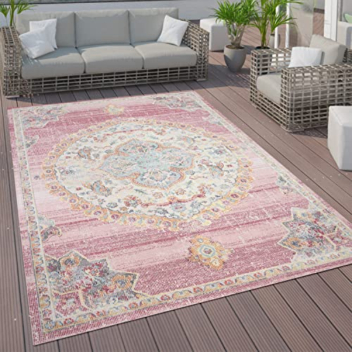 Paco Home Outdoor Teppich Wetterfest Wohnzimmer Balkon Küche Schlafzimmer Orient Muster Modern Bordüre Pink Blau Beige, Grösse:160 cm Rund