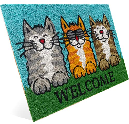 Entrando Fussmatte aus Kokos 40x60 cm - 20 Stillvolle Motiven - für außen, robust, rutschfest - ideal für überdachte Haustür (Grinsende Katzen & Welcome)