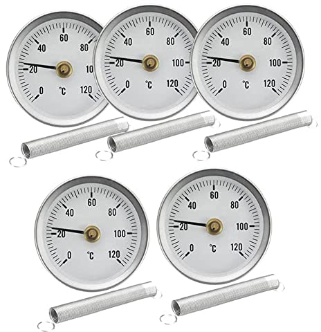 Dasing 5Pcs Set 63mm Pipe Clip-on Dial Thermometer Temperature Round Plate Gauge with Spring,Range 0-120℃, Aluminum Case