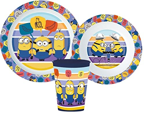 Microwave Safe 3pcs Cartoon Character Dinner Tableware Set Plate, Bowl & Cup, BPA Free re-usable Plastic (Minions)