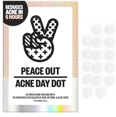 PEACE OUT Acne Day Dot Sheer Hydrocolloid Pimple Patches, Invisible Acne Spot Patches with Encapsulated Salicylic Acid, Retinol, and Aloe Vera (20 count)