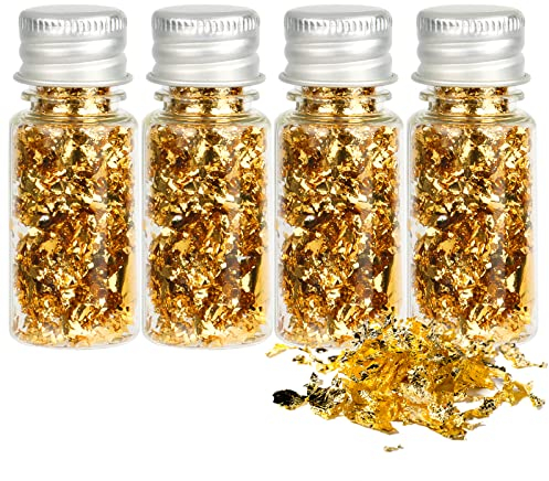KEWUZY 4 Flaschen Goldfolie Flocken, Blatt Flocken Gold, Blattgold zum Backen, Blattgold Flocken, Goldene Tortendeko, Multifunktions-Dekorfolienpapier