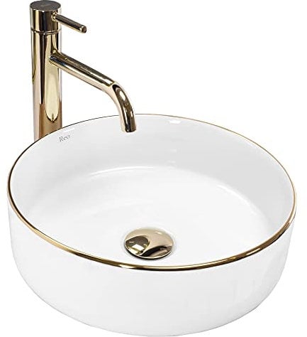 Rea Aufsatzwaschbecken Sami Gold Edge Waschtisch Handwaschbecken Waschschale Waschbecken für Badezimmer aus hochwertiger Keramik 360 mm x 360 mm x 115 mm (weiß)