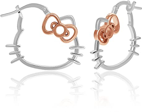 Sanrio Hello Kitty Damen Silhouette Creolen Offizielle Lizenz Sterling Silber Hello Kitty Ohrringe mit 18 Karat Rotgold, Sterlingsilber, ohne Edelstein, Sterling Silber, Kein Edelstein