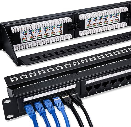6COMGIGA Panneau de brassage 24 ports RJ45 Cat6 avec barre arrière amovible, prend en charge les terminaisons 110 et Krone, panneau de brassage réseau 1U 19 pouces pour câblage Cat6, Cat5e, Cat5