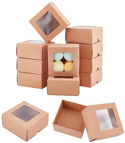 BENECREAT 12 Stück e Kraftpapierbox Mit Klarem Fenster, 10x10x5cm Quadratische Geschenkbox Aus Kraftpapier Für Hochzeitsgeschenke, Schmuck Verpackung