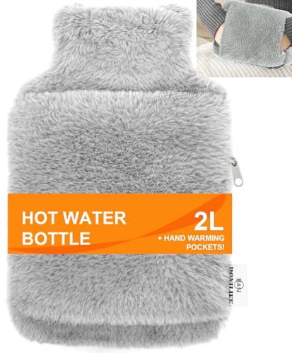 Bonilife Wärmflasche mit Bezug Wärmflaschen Groß 2L Auslaufsicher Flauschig Wärmflasche Naturkautschuk Bettflasche für Kinder Erwachsene Wärmflaschen Zur Behandlung Von Schmerzen & Fieber-Hellgrau