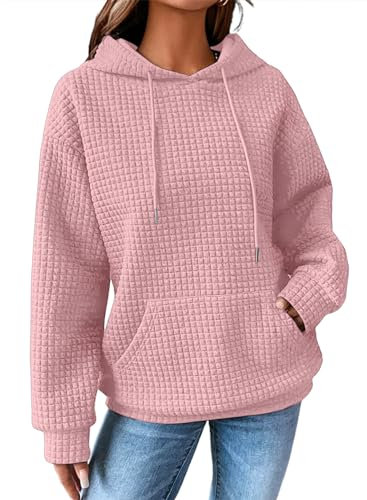 Dokotoo Kapuzenpullover Damen Hoodie Waffel Pullover mit Taschen Kordelzug Sweatshirt Einfarbig Langarmshirt Lässig Oberteile Rosa 2XL