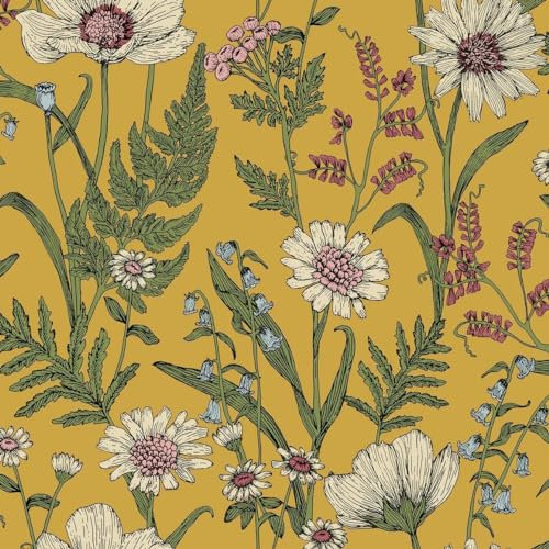 Wild Meadow Yellow Wallpaper - Floral Flowers Petals Naturistic Blossom Feature Wall - Classic Vintage Paste The Wall