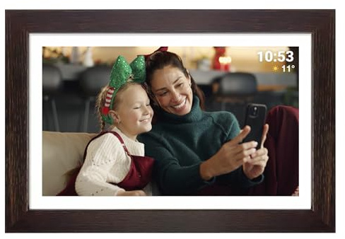 Denver PFF-1543DW Digitaler Wi-Fi Bilderrahmen – 15,6 Zoll Full HD IPS Touchscreen, Integrierte FRAMEO Software, Drahtloses Teilen, Timer-Funktion, Holzrahmen dunkel