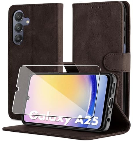 Byvuwiay Cover per Samsung Galaxy A25 5G, Slot per Schede, Chiusura Magnetica, Premium PU Pelle Portafoglio Custodia per Samsung Galaxy A25 5G, Marrone Scuro