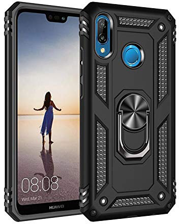 Kainevy Für Huawei P20 Lite Hülle Stoßfest mit Metall Ständer, Extrem Robuste Bumper Handyhülle Huawei P20 Lite Schwarz Militärischer 360 Grad Schutzhülle für Mädchen Jungen (Schwarz)