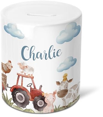 Personalised Christening Money Box - Ceramic Piggy Bank for Newborn, Baby, Toddler or Child - Cute Farmyard Animals Theme