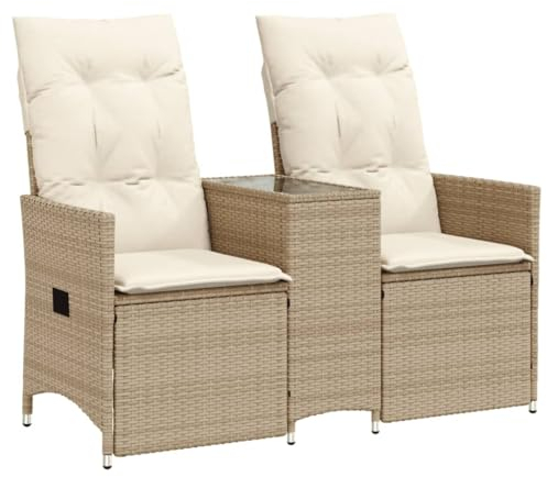 vidaXL Gartensofa, Sofa 2-Sitzer mit Tisch Verstellbare Rückenlehne, Lounge Sitzgruppe für Garten Terrasse, Gartenbank Gartenmöbel, Beige Poly Rattan