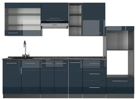 Vicco Küchenzeile Fame-Line, Dunkelblau Hochglanz/Anthrazit, 280 cm, AP Marmor