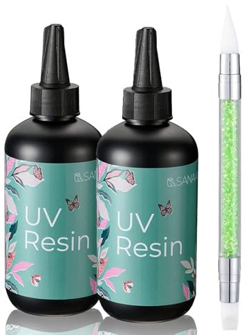 SANAAA UV Resin 400g mit ein Doppel Köpfe Silikon Pinsel, Kristallklares UV Harz Harter Kleber für Schmuck machen Kunst Anhänger, Ohrringe, Halsketten, Armbänder, Nail Art Zubehör
