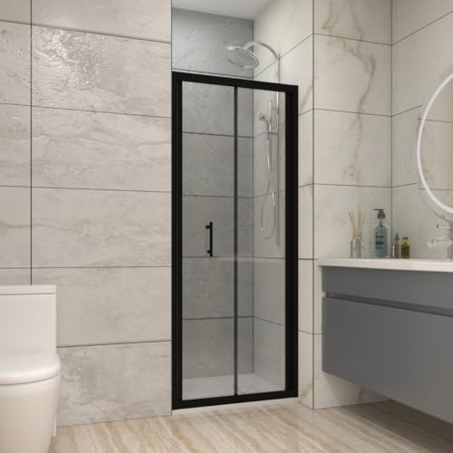NRG 700x1900mm Bathroom Bi Fold Shower Door for Wet Room Black Framed | Shower Enclosures, 6mm Safety Tempered Glass, Shower Room, Space Saving, Wet Room, Easy to Clean, Bathroom