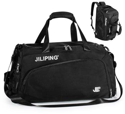 Rieeyrslza Sac de Sport Homme avec Compartiment Chaussures 42L Sac de Voyage avec Poche Humide Cabas de Fitness Voyage Fonction à Dos Waterproof Sacs de Weekend, Bandoulière Réglable (4202# Noir)