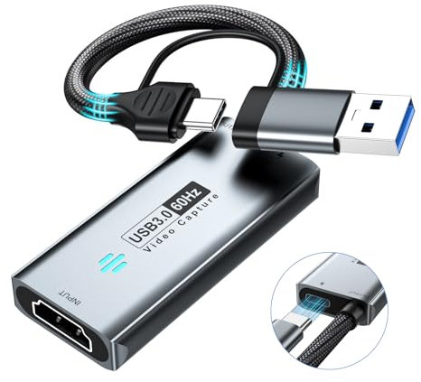 Papeaso USB 3.0 Video Capture Card, HDMI to USB-A/C Capture Card with pd, 1440P 30fps & 1080P 60fps Video Capture, for Streaming, Teaching,Gaming, Video conferencing or Live Broadcasting