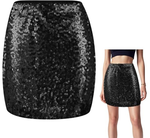 OFFCUP Eleganter Paillettenrock Damen Kurz Sexy Midi Skirt Bleistiftrock Hüftrock mit Elastische Taille Party Rave Skirt Outfit Wickelrock Röcke für Damen -Schwarz