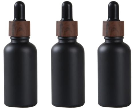 VASANA 3Pcs 50ml/1.7oz Matte Black Glass Dropper Bottles with Plastic Wood Grain Cap Empty Refillable Boston Round Essential Oils Bottles Leak Proof Travel Bottles for DIY Cosmetic Perfumes Hair Oil