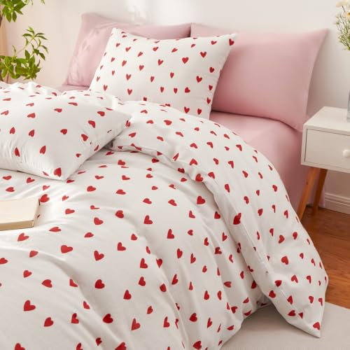 Nayoroom Doppelte Musselin Bettwäsche 135x200 Baumwolle Weiß Rot Herzen Bettbezug Set 2 Teilig Aesthetic Cute Herz Clean Girl Herchen Wende Bettwäsche und Kissenbezug 80x80 cm mit Reißverschluss