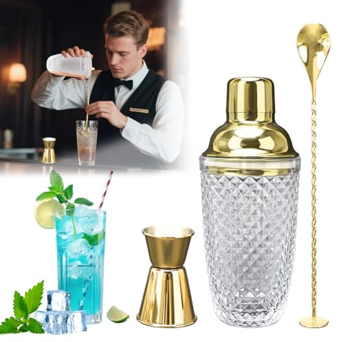 Cocktail Shaker Gold, Cocktail Mixer 400ml, Shaker Edelstahl Cocktails - Glas Cocktailshaker, Edelstahl Deckel,Integriertem Sieb, Shaker für Cocktails Mixer löffel 3 Teiliges Barkeeper (Gold)
