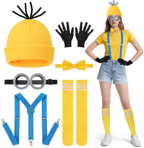 Hifot 5 Stück Gelbe Halloween Kostüme Erwachsene, Große Augen Steampunk Brille Gelbe Mützen Schwarze Handschuhe Hosenträger Knöpfe, Film Kostüme Zubehör für Halloween Karneval Kostüm Party Cosplay