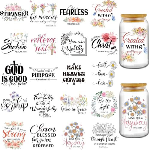 INCOK Rub-on-Transfers zum Basteln – 20 Blatt christliche UV-DTF-Becherfolien für 473 ml Glasbecher, motivierende Bibelvers-Zitate, Tumbler-Wraps, religiöses Geschenk, Kirche, DIY-Dekoration