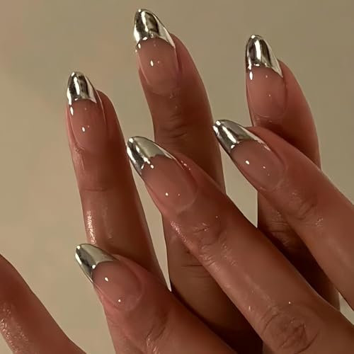 24PCS Chrome Silver French Tip Press on Nails – Short Almond Glazed Nude Fake Nails with Glue, Full Cover Glitter Acrylic Stick on Nails for Women, Elegant for Daily Wear