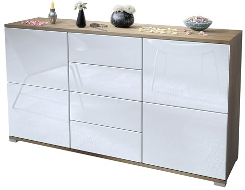 Vladon Sideboard Rova V1, Kommode mit 4 Türen und 4 Schubladen, Eiche Evoke/Weiß Hochglanz (138,5 x 75,5 x 35)