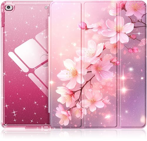 INFILAND Case for iPad 6th/5th Generation 9.7 Inch 2018/2017, iPad Air 2 Cute Glitter Clear Protective Cover for Kids, Girls, Woman, with Pencil Holder (Blossom Pink Glow)