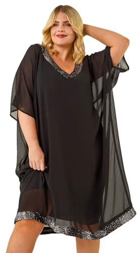 Roman Curve Sequin Chiffon Overlay Dress for Women UK - Ladies Everyday Autumn Winter V-Neckline Comfy Soft Evening Vacation Work Party Night Out - Black Plus - Size 22