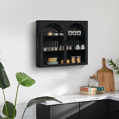 Ligterra Hängeschrank Küche, Küchenschränke mit Glastüren & 3 Ablageflächen, Charakteristisches Flechtmuster, für Küche, Esszimmer, Eingangsbereich, Badezimmer, 70×23×60cm (Schwarz)
