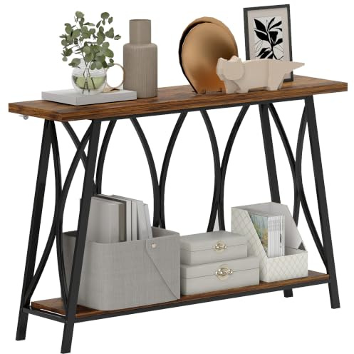 HOMCOM 2-Tier Console Table Industrial Sofa 120x30x80cm Rustic Brown | Narrow Sofa Table, Storage Shelf, Metal Frame, for Entryway, Living Room, Hallway